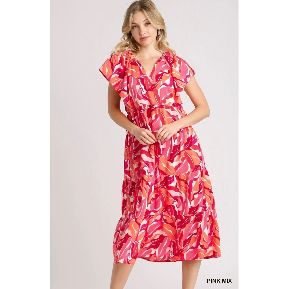 Umgee Pink Orange Abstract Leaf Print Tiered Midi Dress Flutter Sleeve‎ S